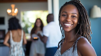A woman welcoming guests to a home party with a smile