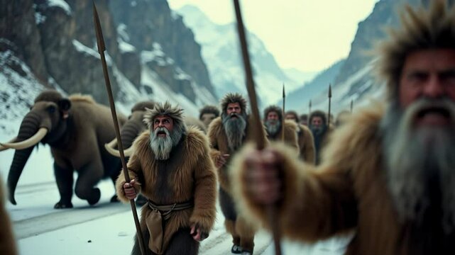 Neanderthals gesture impatiently as mammoths create a slow-moving traffic jam in a snowy valley