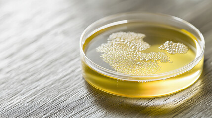 Closeup of petri dish with yellow liquid and bubbles, showcasing scientific experiment in laboratory setting