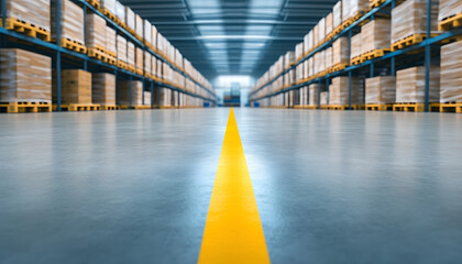 Warehouse aisle with logistics, and storage.