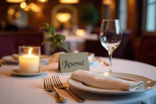 Elegant restaurant table setting, reserved sign, candles, silverware, fine dining , setting, reserved, date