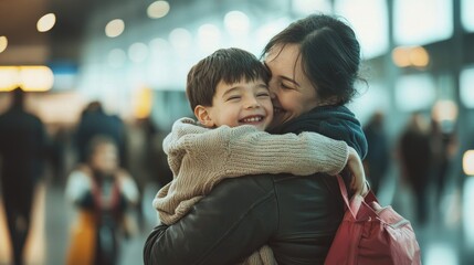 A warm family greeting at the airport with parents embracing their children