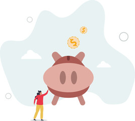 Frugality, savings for prosperity or financial success, building wealth or thrifty, budgeting or cut spending to save money for future concept. character life .