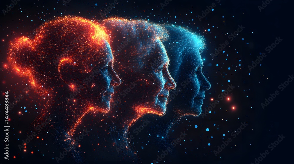 Leinwandbilder three interconnected glowing face profiles depict digital consciousness. warm reds and cool blues hi