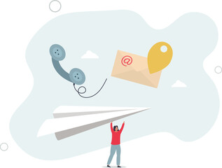 Contact us via email, phone or office location, communicate with customer or client, business information or channel for business contact concept. character life .