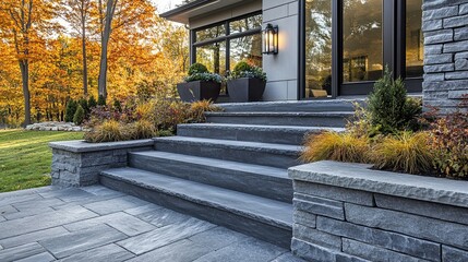 Close-Up of Stone Steps Leading to Patio with Modern Planters, Lanterns, and Decorative Wall