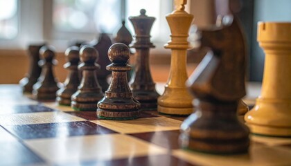 Close-Up View of Chess Pieces on Wooden Board in Soft Lighting