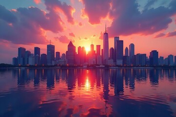 Obraz premium Modern cityscape skyline at sunset, reflecting success and growth , architecture, dynamic