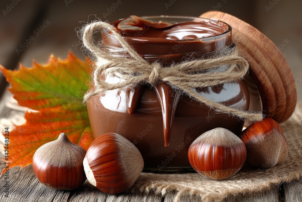 Poster delicious chocolate spread in a jar with hazelnuts and autumn leaves on a rustic wooden table