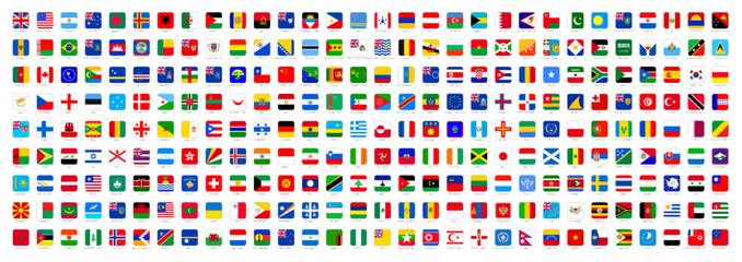 National flags in rounded square shape vector set. Country emblems collection.