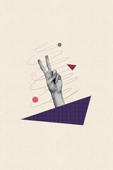 Art trend collage of hand holding sign on pastel background with messy lines