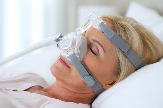 CPAP therapy for obstructive sleep apnea with woman demonstrating usage