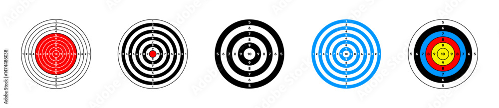 Poster target for shooting with numbers vector collection. bullseye aim symbol set.