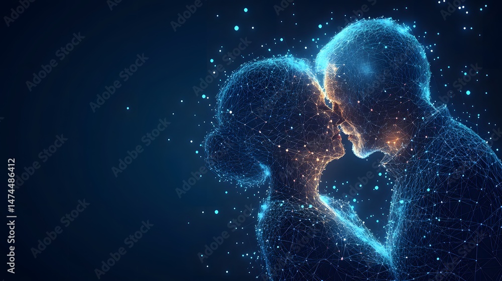 Leinwandbilder Digital love rendered in light. Abstract wireframe couple embraces in the dark blue, glowing with connection. A modern romance visualized with geometric precision. Abstract wireframe in dark blue