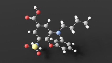 bumetanide molecule 3d, molecular structure, ball and stick model, structural chemical formula antihypertensive agent