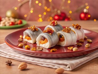 Obraz premium Delicious Herring Rolls Appetizer with Dried Tomatoes & Walnuts - Christmas Feast