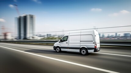 Fototapeta premium A white van driving on a highway with a city skyline in the background.