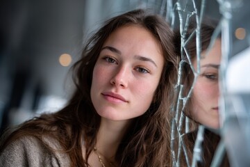 Obraz premium A serene young woman gazes towards the camera with an enchanting expression, standing beside a broken glass surface reflecting her natural beauty and emotions.
