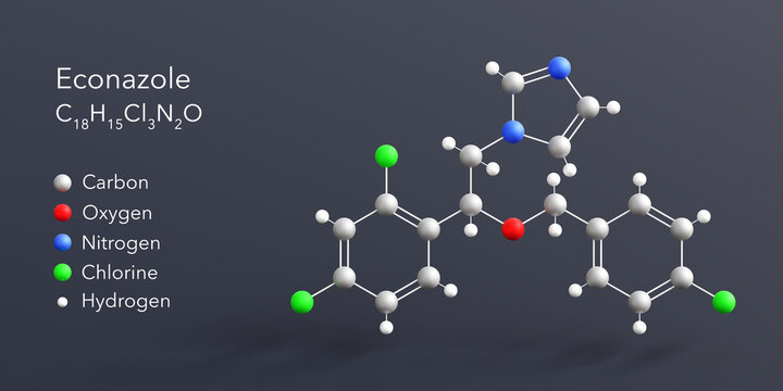econazole molecule 3d rendering, flat molecular structure with chemical formula and atoms color coding