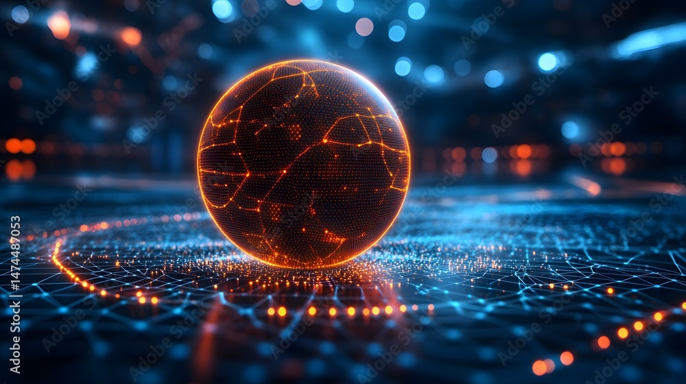 Poster glowing orange sphere hovers above a blue grid, reflecting its light. bokeh lights create depth, hin