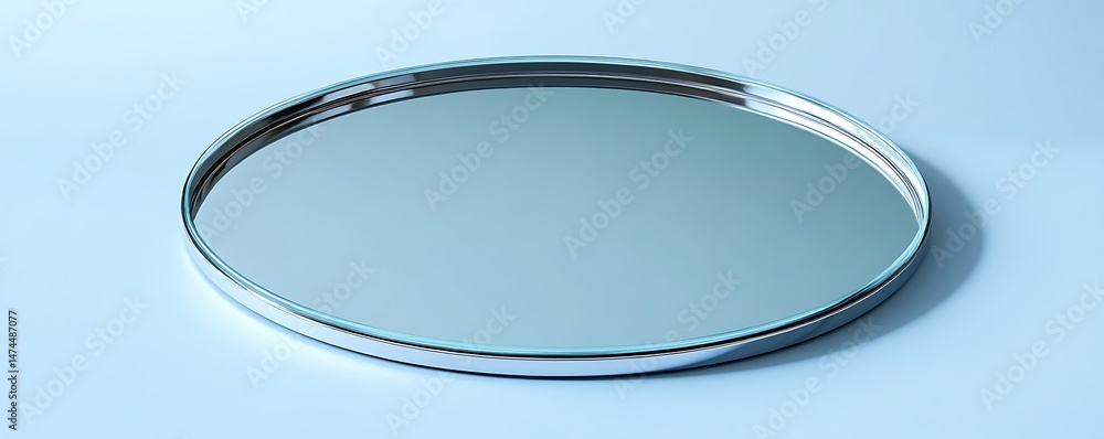 Fototapete a circular frosted mirror with a thin metallic border isolated on a light blue backdrop