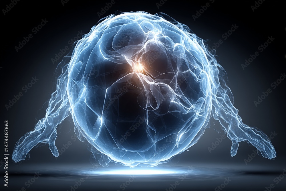 Poster electric sphere with glowing energy emanating from a central point during a futuristic light display