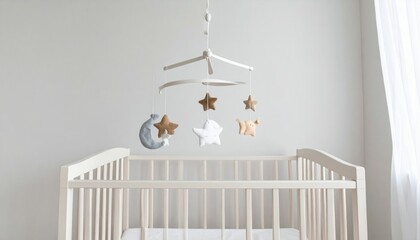 Modern nursery with minimalist crib and hanging mobile accessories