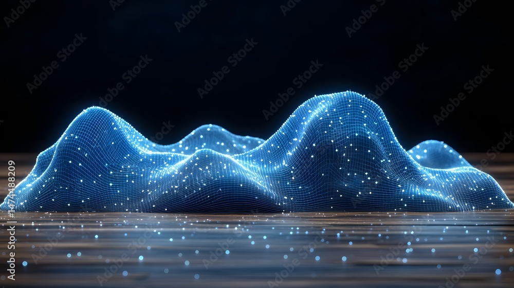 Poster digital landscape abstract with a blue glowing grid and white nodes. reflections on dark wood enhanc