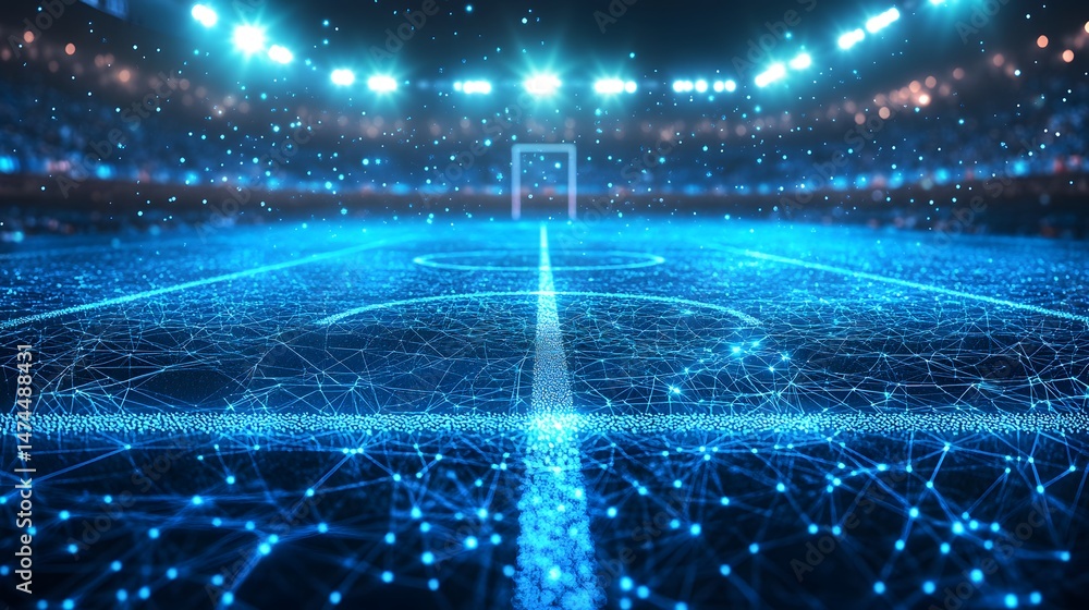 Poster futuristic soccer stadium rendering. glowing blue wireframe field contrasts with blurred stadium lig