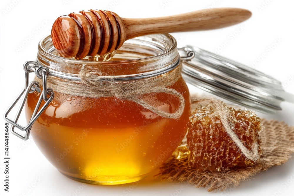 Poster natural honey jar with wooden dipper and comb near rustic burlap on light background