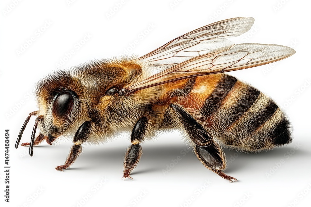 Poster Detailed close-up of a honey bee showcasing its unique features and intricate design in a natural setting