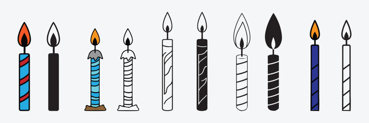  Set of birthday candles Line and Silhouette Vector Style on White Background