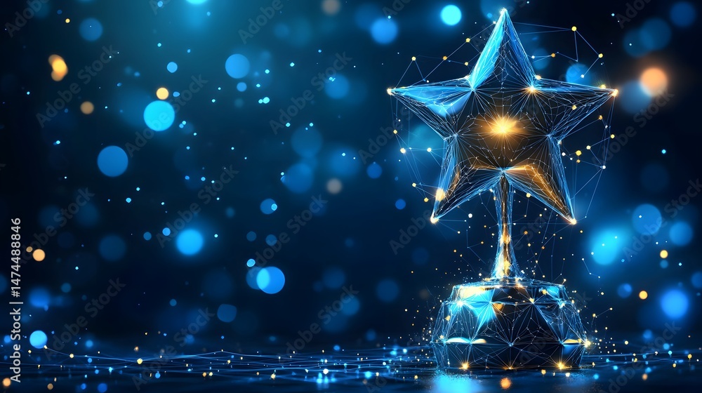 Poster modern low-poly star trophy design with blue and gold accents against a bokeh background. represents