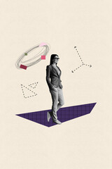 Fototapeta premium Banner art collage of person stand with drawing messy shapes figure on pastel color background