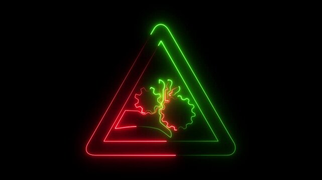 Warning symbol on the screen with cyan color on black background and. 