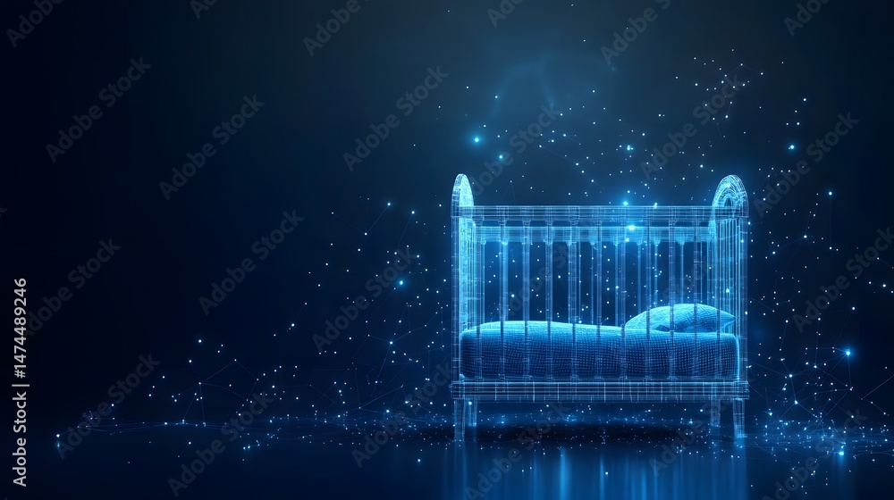 Fototapete a futuristic baby crib glows with blue lines, nestled in a network of light. safety and technology b