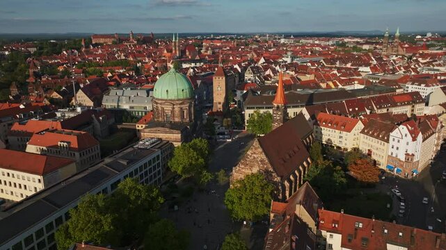 Aerial drone view of Wei&szlig;er Turm at Jakobsplatz in Nuremberg, Germany.