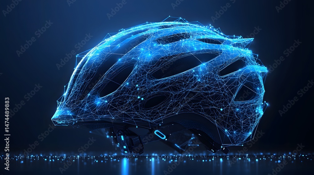 Aufkleber Futuristic bicycle helmet design featuring a glowing blue wireframe pattern against a dark backdrop. Reflective surface with scattered blue dots adds a digital touch. Abstract wireframe in dark blue.