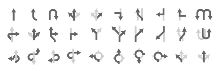 Road crossings, circles and turns vector icon set. Road layouts with intersections and curves