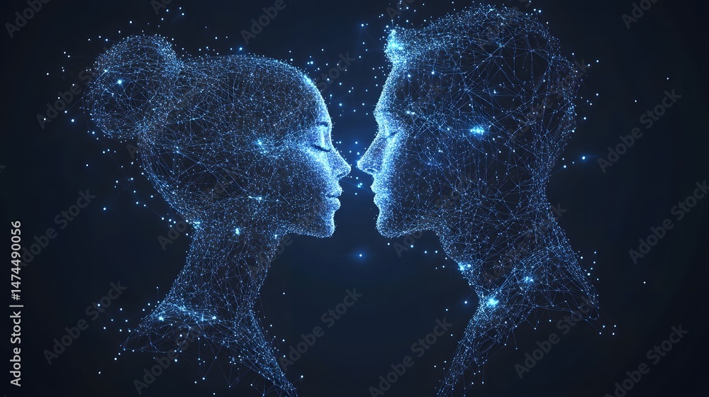 Leinwandbilder futuristic digital art portrays a man and woman's faces, constructed from glowing blue points and li