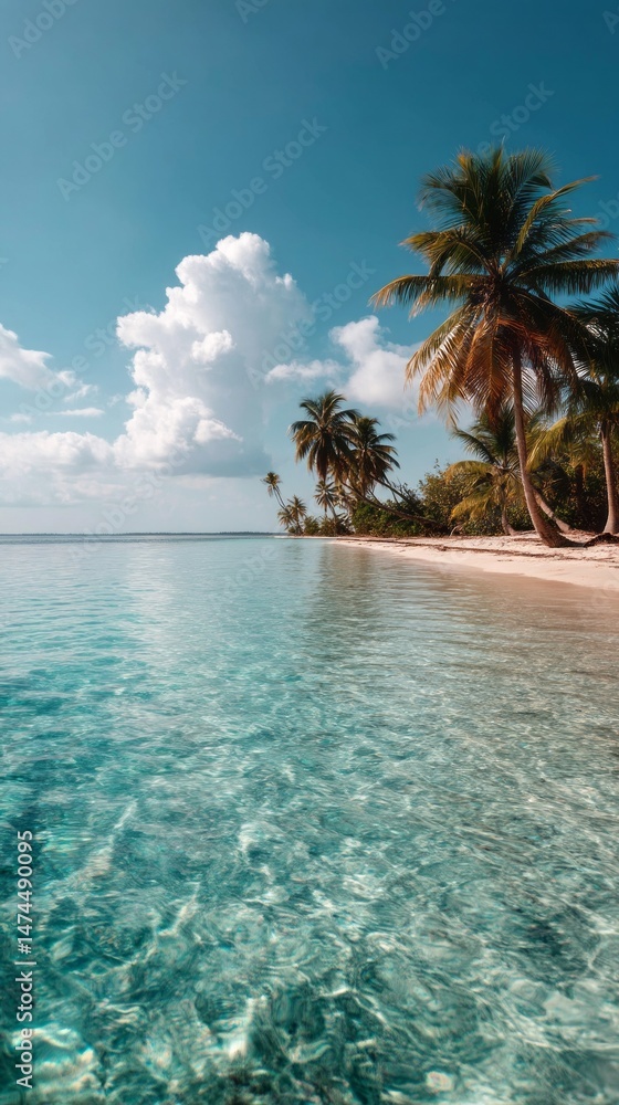 Poster swaying palm trees line the calm shore of a tropical beach, where crystal-clear waters gently lap at