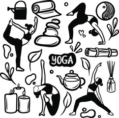 Yoga set in doodle style. cute cartoon illustrations hand-drawn, Yoga meditation elements vector seamless pattern, Yoga set in doodle style