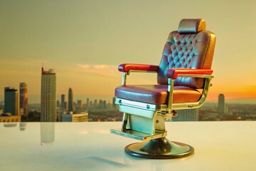Double Exposure: Barber Shop Chair & Cityscape - Stock Photo