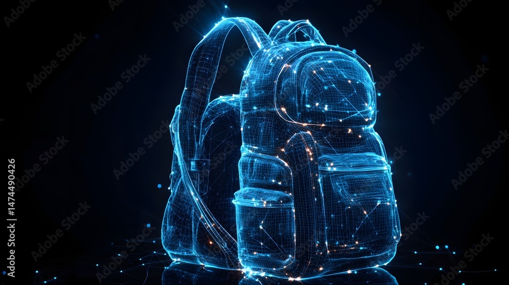 Poster futuristic backpack outlined in luminous blue wireframe against a dark blue gradient. glowing orange