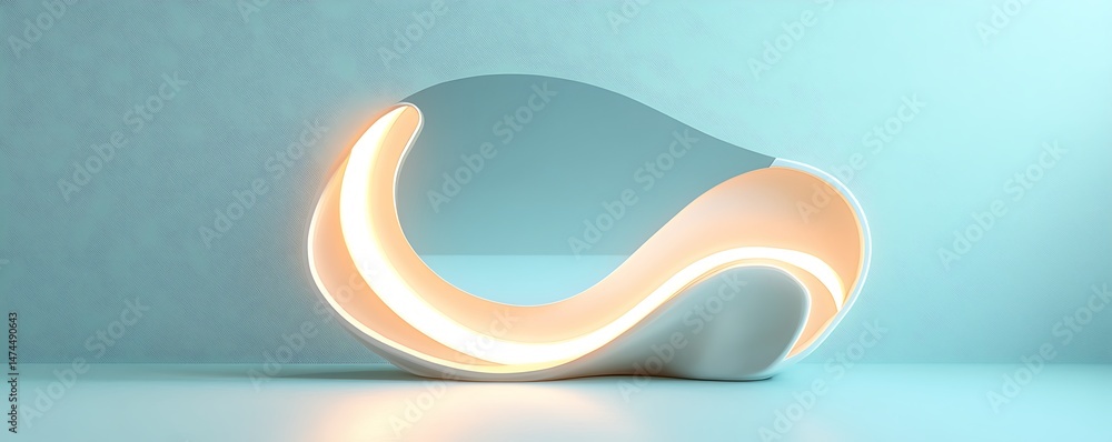 Fototapete a frameless mirror in an abstract wave shape glowing softly on a pale blue background