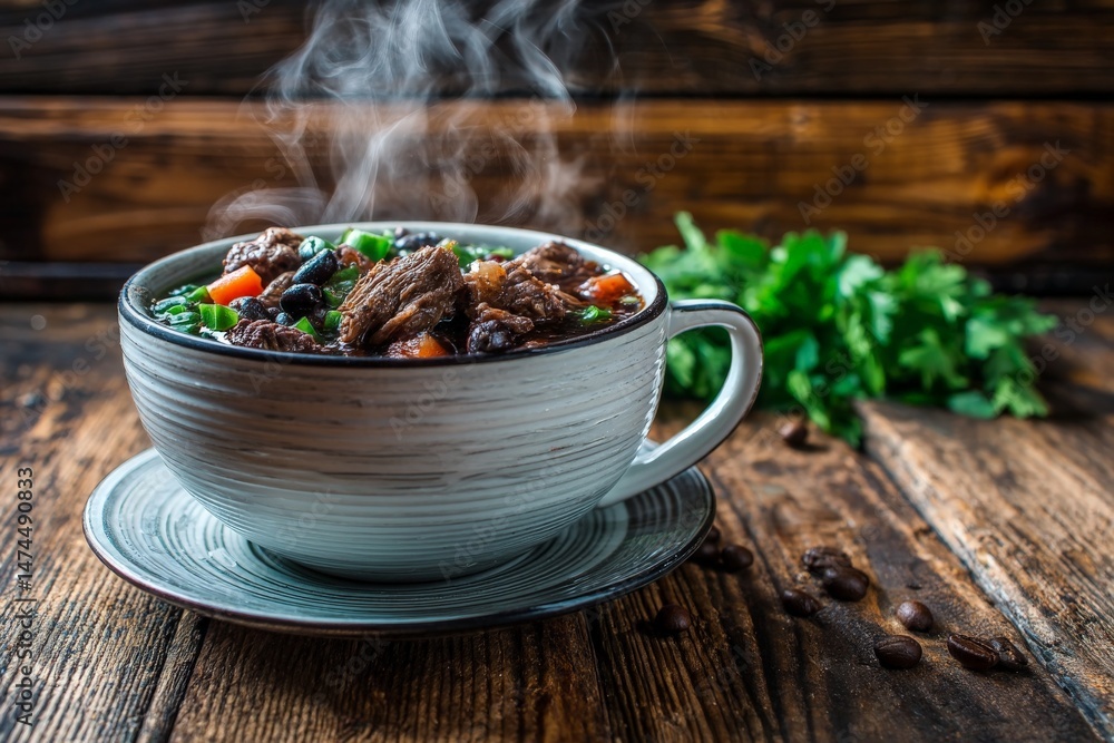Poster delicious steaming beef and black bean stew served in a rustic bowl on a wooden table with fresh her