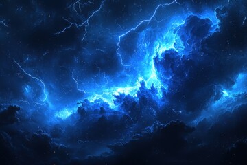 Dramatic Blue Lightning Storm Illuminating Dark Night Sky with Electric Energy and Powerful Clouds