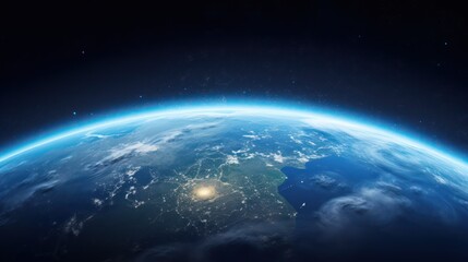 Obraz premium A planet with a blue atmosphere and a green ocean, viewed from space, with a city lights visible on the horizon.