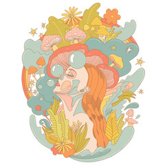 Surreal line art vector illustration of a peaceful woman in profile with closed eyes. Mushrooms grow from her head, surrounded by daisies, leaves, waves, a rainbow, and clouds. Rendered in warm muted 