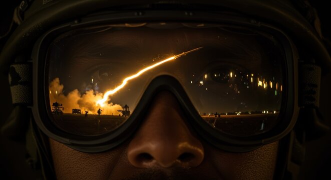 Witnessing the fiery streak, a missiles ascent illuminates the night sky, reflected in protective goggles. - Powered by Adobe